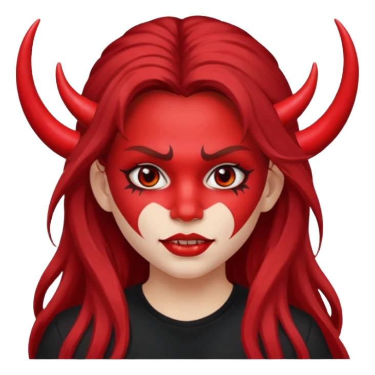 a long-haired red face paint devil girl with shirt sticker