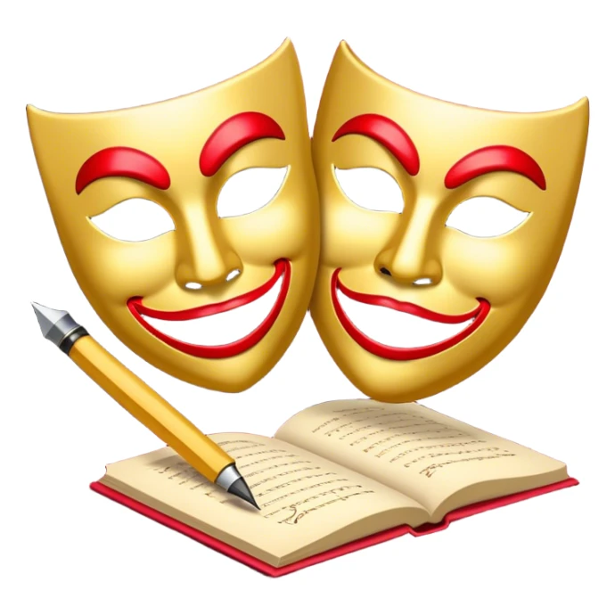 Create a bold and dramatic emoji representing the art of playwriting. The design should feature an open script or a theater playbook, with stylized text inside. Include elements like a theatrical comedy and tragedy masks, a stage spotlight, or a writting quill to symbolize creativity and performance. Use deep, contrasting colors like red, black, and gold to evoke the intensity and passion of drama. The overall design should feel dramatic, inspiring, and artistic. Make the background transparent. sticker