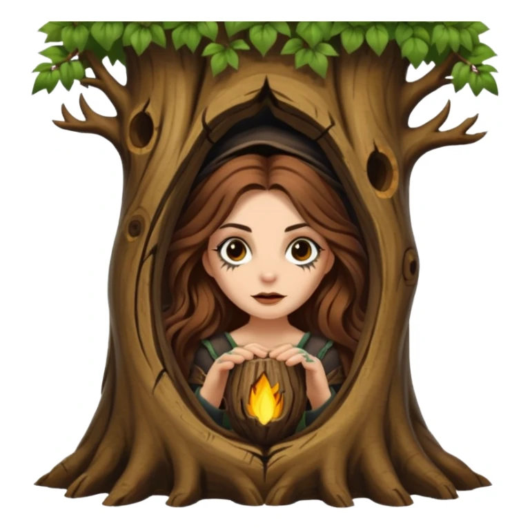 ute forest witch woman long wavy brown hair tattoos peeking from tree hollow sticker