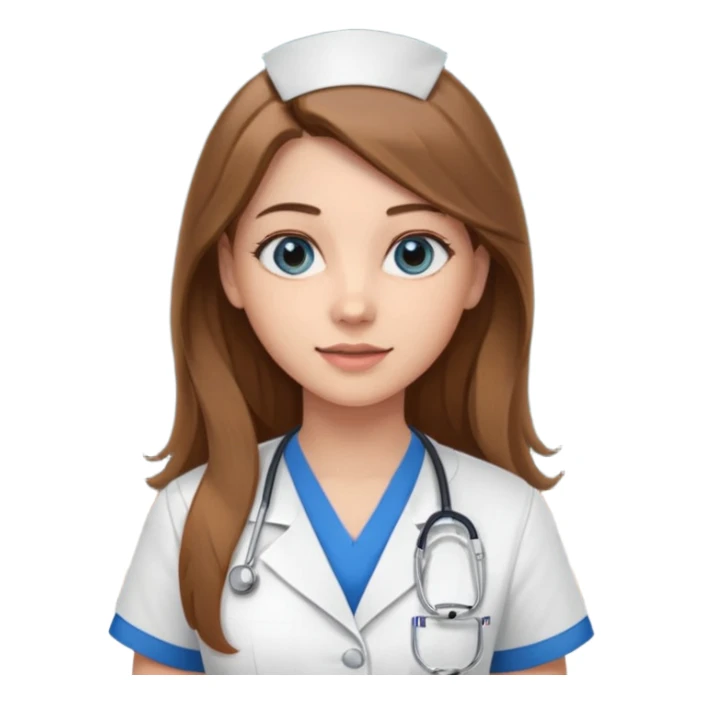 pretty female nursing student with long brown hair, blue eyes inside a classroom at university with blackboard behind her sticker