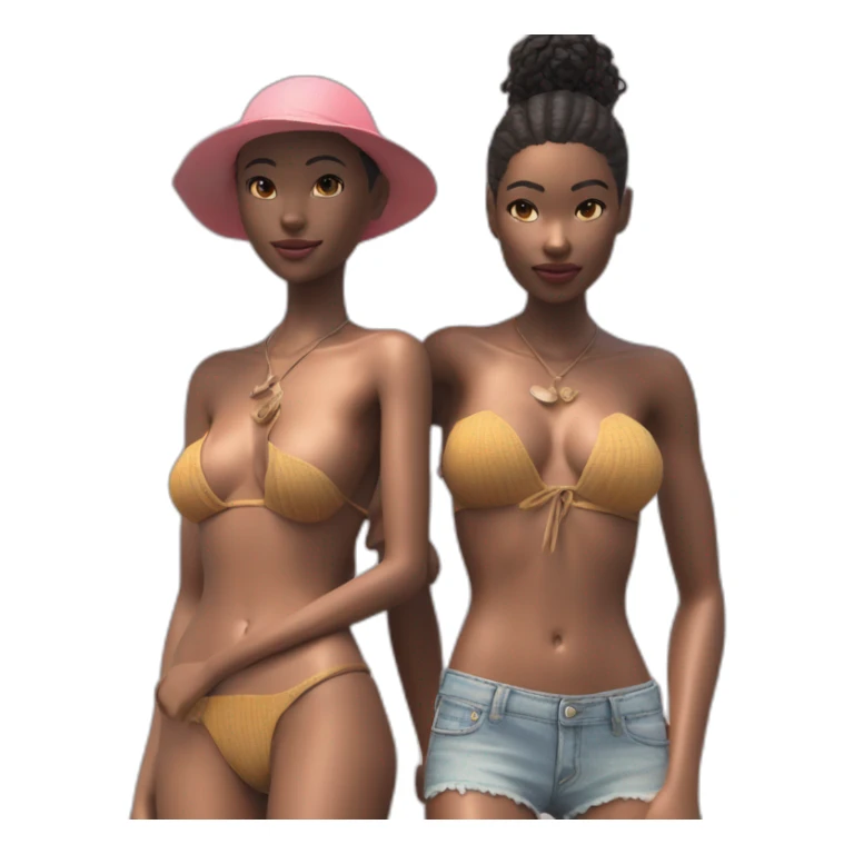 Fashion editorial style octane render, lush beach, stylized, two shot angle of a (naked Young Woman, skinny, fit, small breasts, bare belly, with mechanical sexy beach outfit. 1. 3) sticker