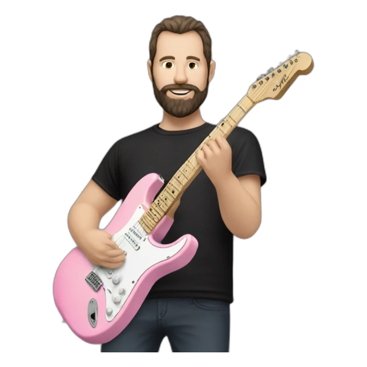 white man with dark beard and black t shirt and pastel pink stratocaster electric guitar sticker