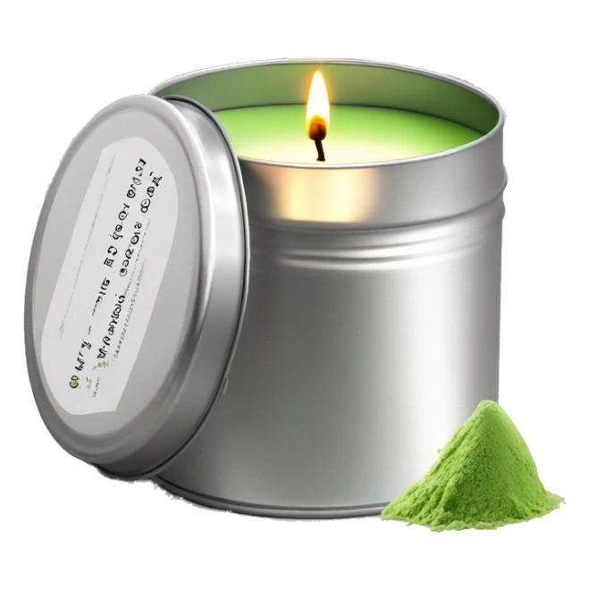 pretty matcha scented candle in silver tin with label realistic sticker