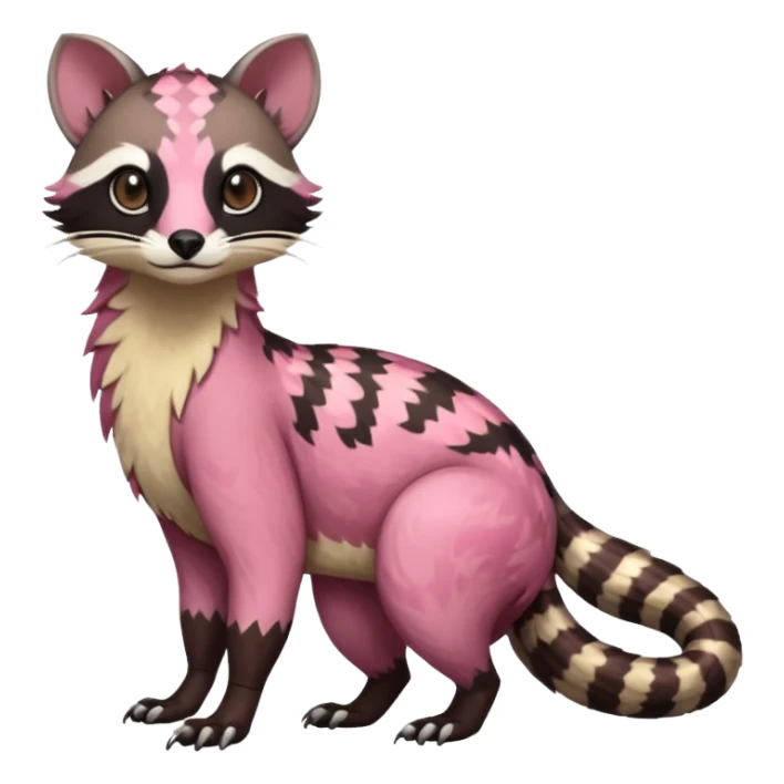 Rare realistic brown-scaled pink, white beige edgy badass epic pretty beautiful handsome gorgeous aesthetic colorful vibrant Vernid-Trico-Amaura-Civet-species-Fakemon-creature by LiLaiRa, random markings, (full body) sticker
