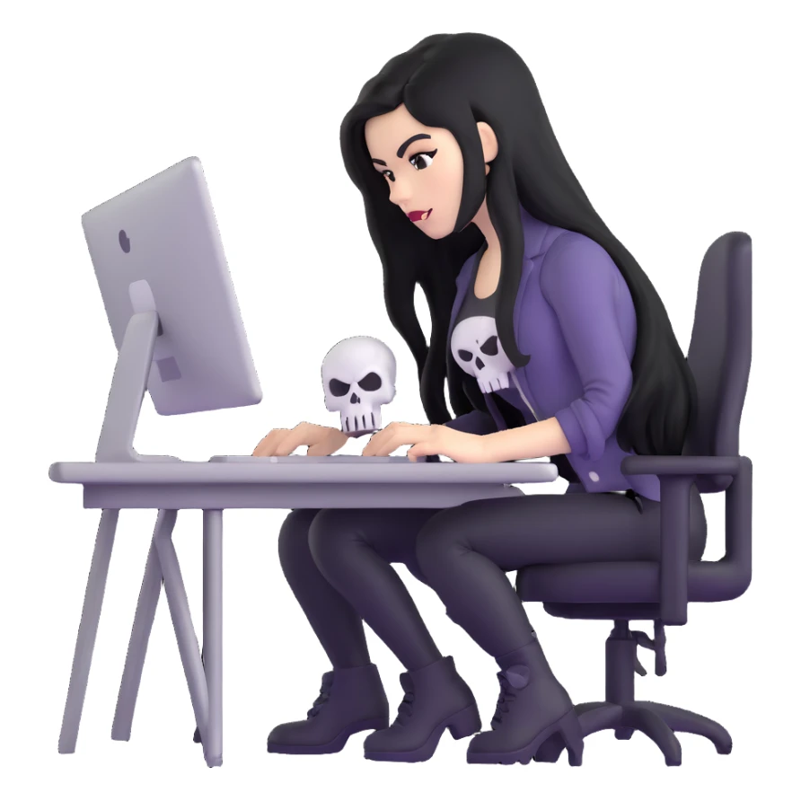 female Punisher skull character with long black hair working on computer sticker
