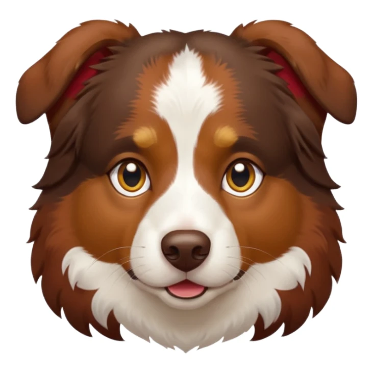 A tri color Australian shepherd with a chocolate brown base coat, red/gold fur on his eyebrows and snout/cheeks, a white chest, and gold eyes. No white fur on his face, only brown and gold. sticker