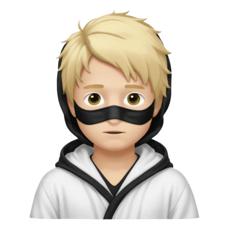 Create a blond boy with long, messy hair, light eyes, a white t-shirt, rich, with long hair, blue eyes, medium-length, voluminous hair, wearing a black Nike bathrobe and a little blush near his nose. and with a balaclava, type bandit balaclava covering the whole face[ sticker