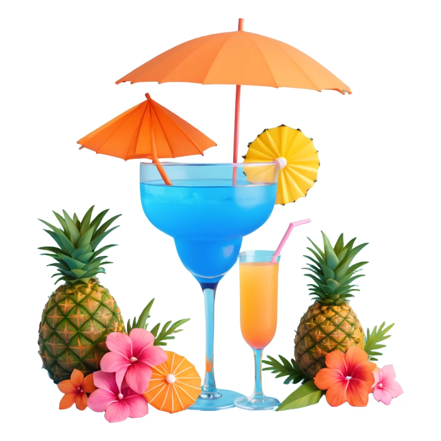 blue tropical cocktail with hibiscus, pineapple, and tiny pastel paper umbrella garnishes sticker
