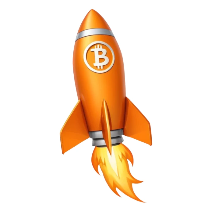 An orange rocket with the bitcoin symbol flying up and to the right sticker