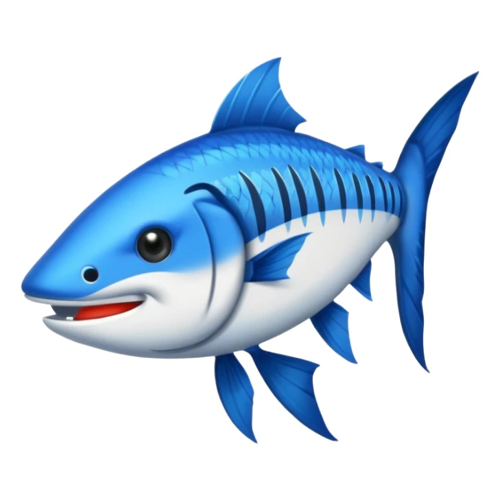 Emoji de poisson barracuda stylisé, dessin cartoon, bleu avec lettres ‘BARRACUDA’ dans le corps, expression féroce.” sticker