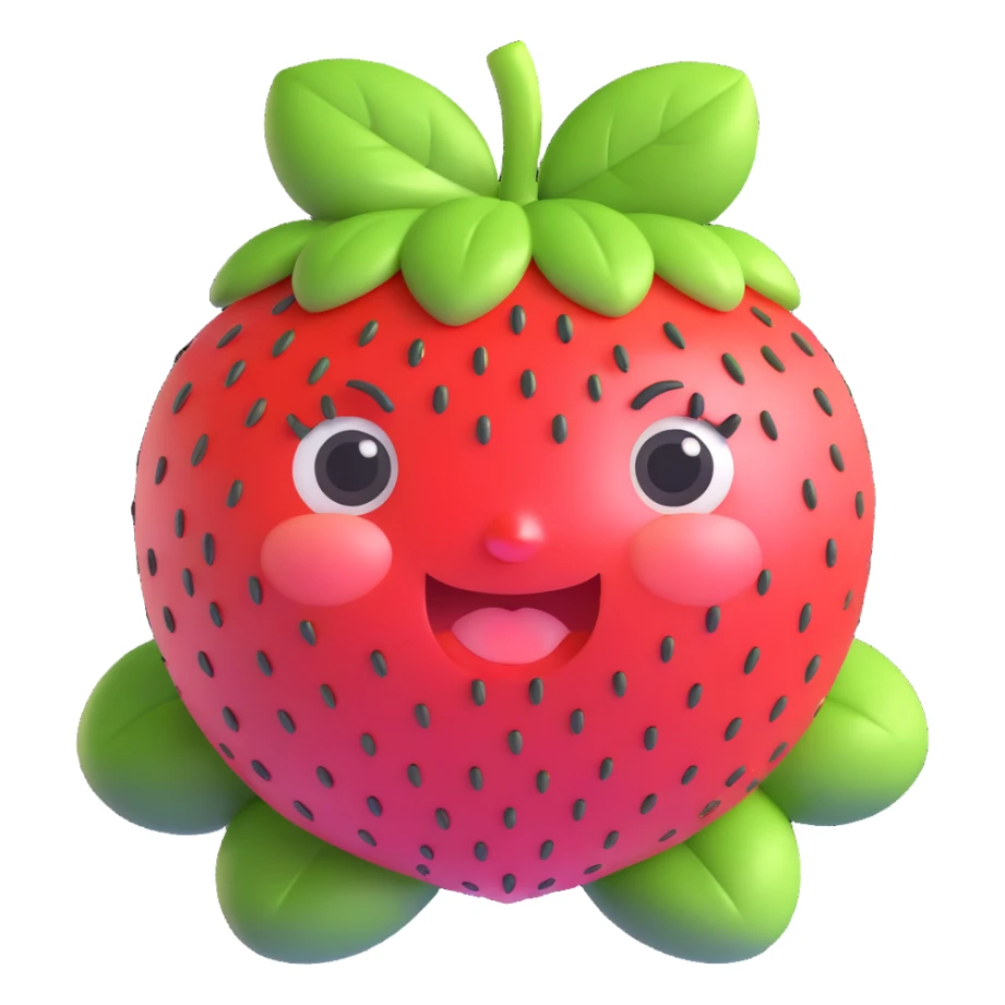 super cute 3D anthropomorphic strawberry character, round chubby face, big sparkling eyes, soft pink and red tones, green strawberry leaves as hair, tiny strawberry seeds on face, expressive facial emotions, kawaii Japanese style sticker