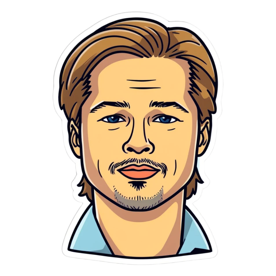 2020:Brad Pitt,  celebrity and best actor of all times, hyperrealistic, mirco-detailed, vivid, bold colors, flat layout, full view, sticker design
 Must be 8k hd, 8000x8000px resolution. Must use very thin transparent smooth lines sticker