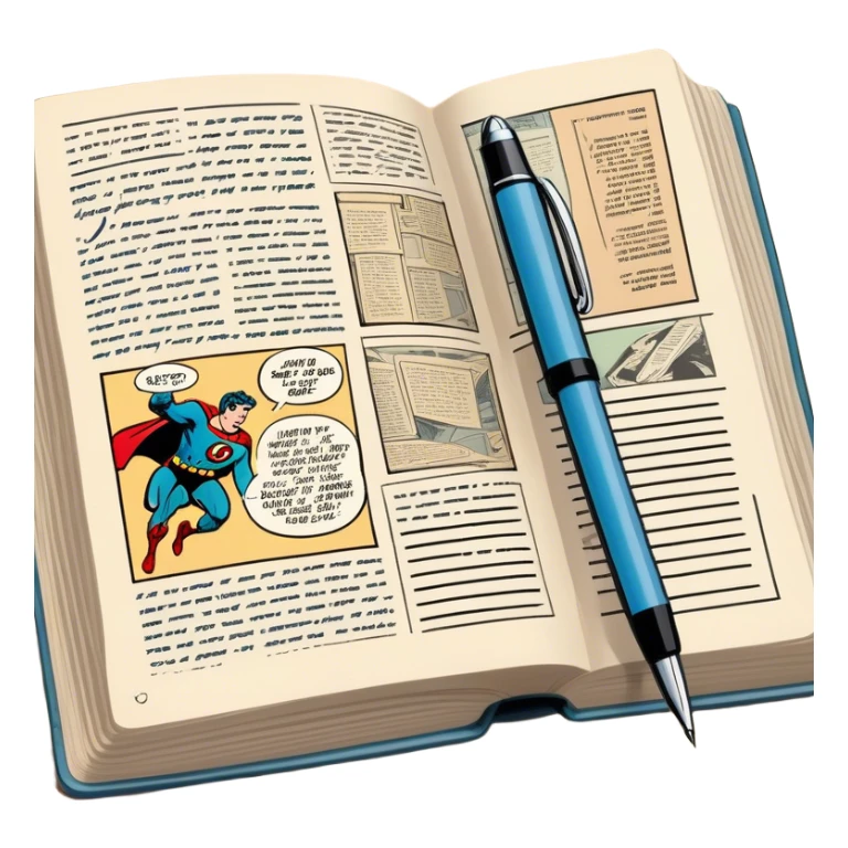 Create a detailed emoji representing the process of writing texts for comic books. The design should feature a large, open comic book with vintage comic strips visible on its pages. A pen should be shown writing text on one of the comic panels, but without a hand. The pencil should appear as though it is actively creating the dialogue or narration. Use a classic color palette with muted tones for the comic book and brighter accents on the pencil to draw attention to the writing process. Do not include any emojis or smiley faces. Make the background transparent. sticker