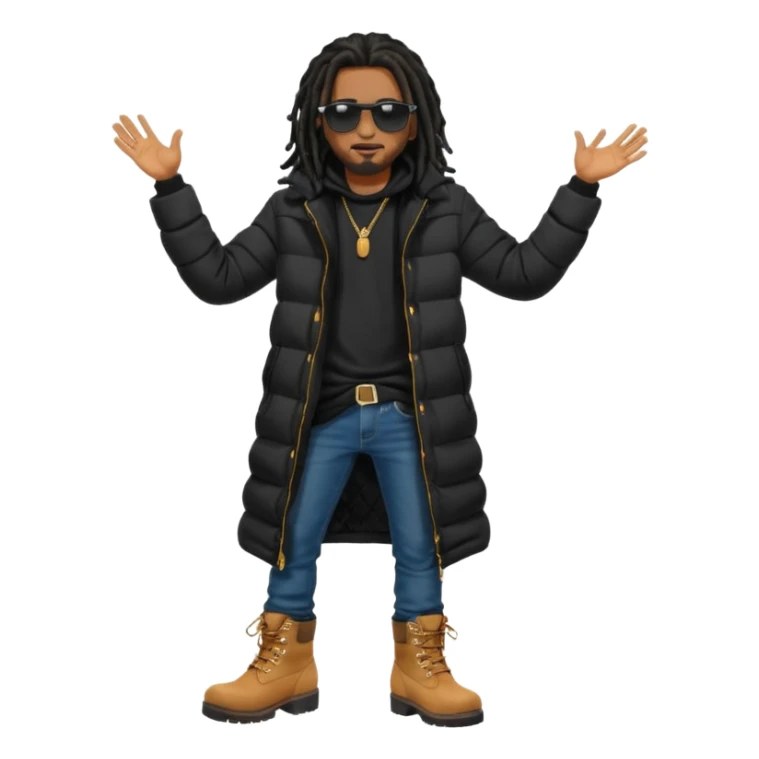 African American man brown skin complexion with black dreadlocks shoulder length wearing black bubble winter coat wearing black sunglasses with denim skinny jeans and timberland boots with hand raised sticker