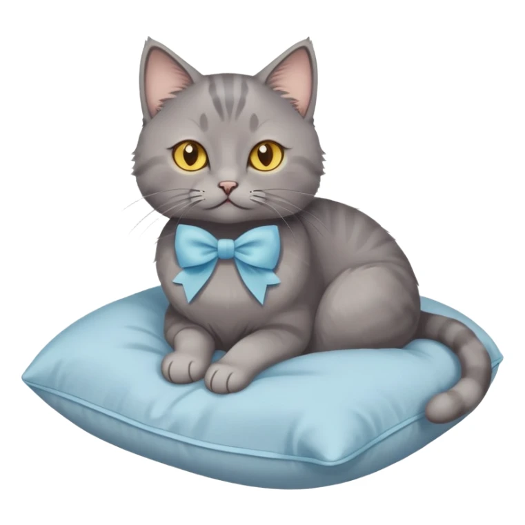 A grey cat with yellow eyes and a light blue bow sits on a beige pillow



 sticker