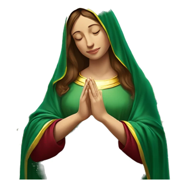 Virgin Mary: kind face looking down at the left, long brown hair, Wearing an emerald green  robe with gold stars and a burgundy red dress,  Hands in prayer or blessing. Halo around her head. standing in front of a big sun. colorful roses on the sides  sticker