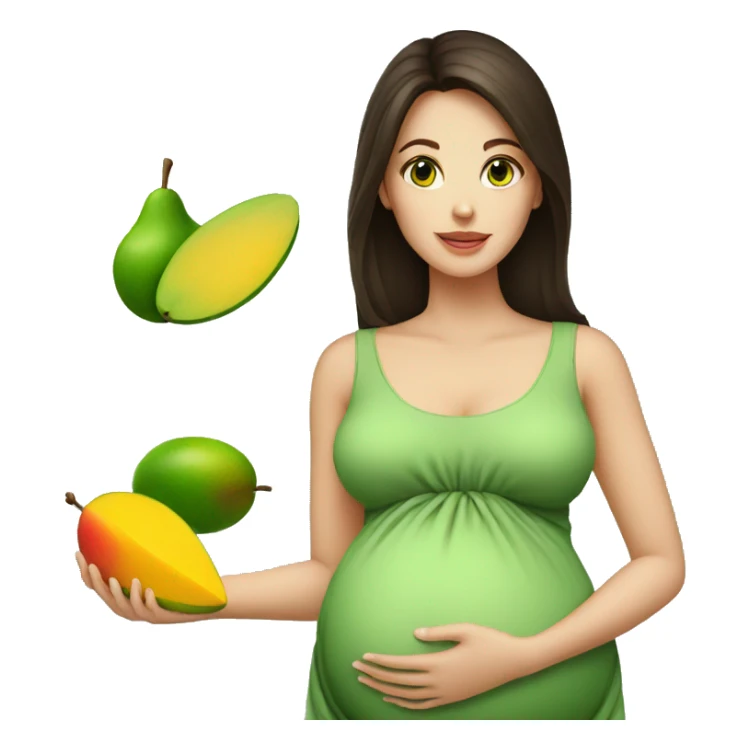 A brunette lady with green eyes pregnant with a mango sticker