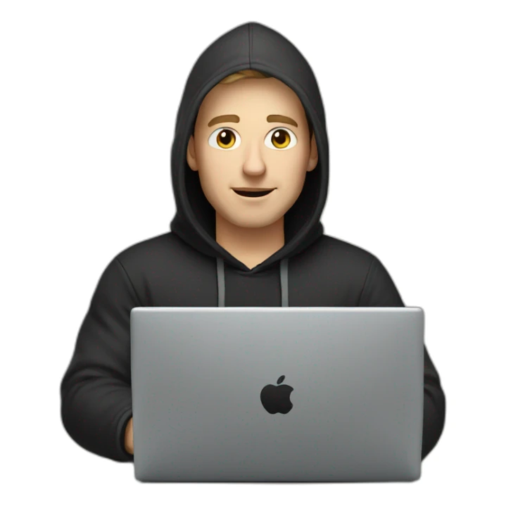 white man with a typing on apple computer wearing a black hoodie sticker