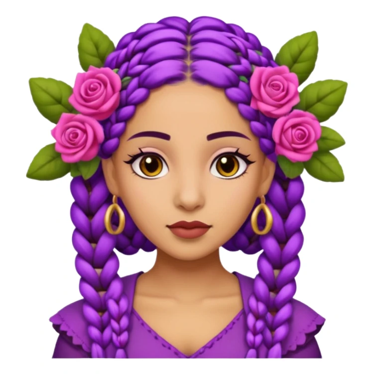 Olive skin queen with purple braids, brown eyes surrounded by roses sticker