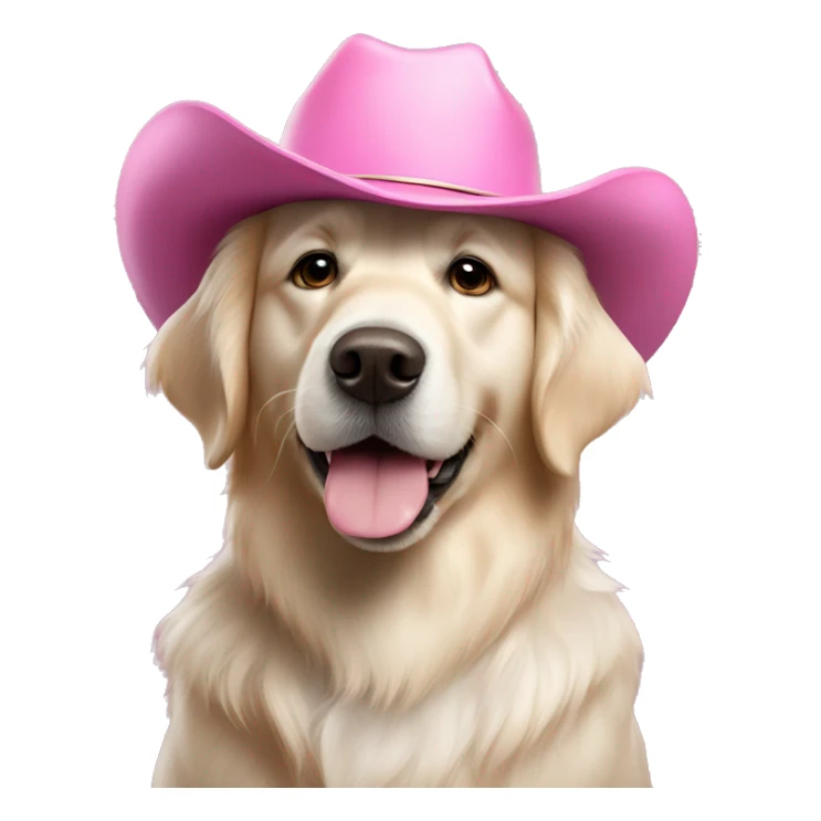 White golden retriever wearing pink cowboy hat sticker