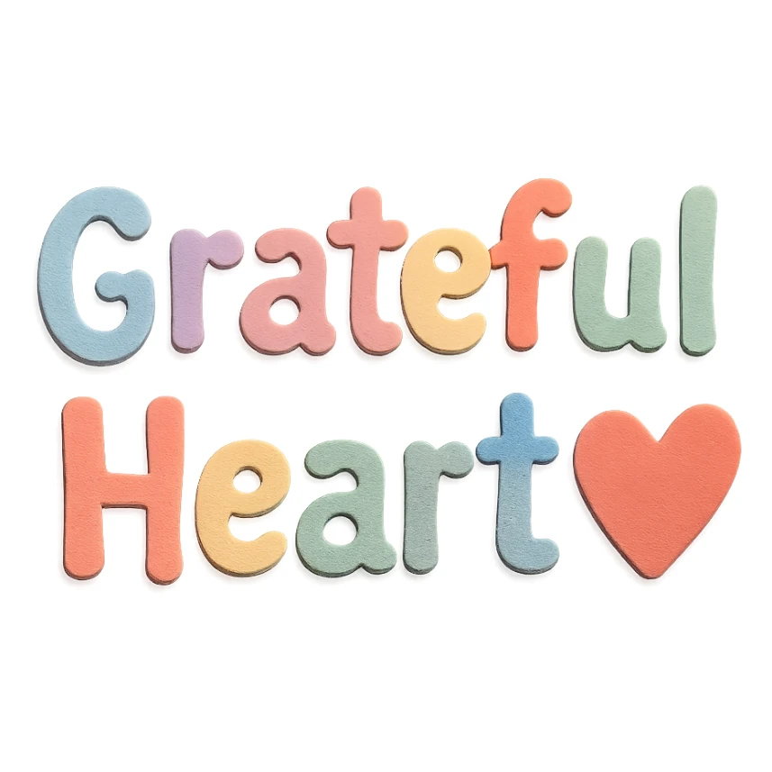 Cute hand-drawn font "Grateful Heart" in soft pastel rainbow soft puffy lettering, no outline, transparent background sticker