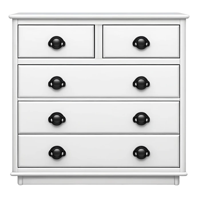 sleek white dresser with 6 drawers, each featuring one small black knob, minimalist and stacked sticker