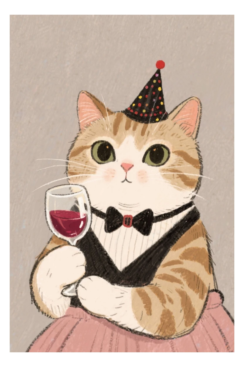 кот с бокалом вина в лапе в нарисованном стиле с нейтральным фоном sticker
