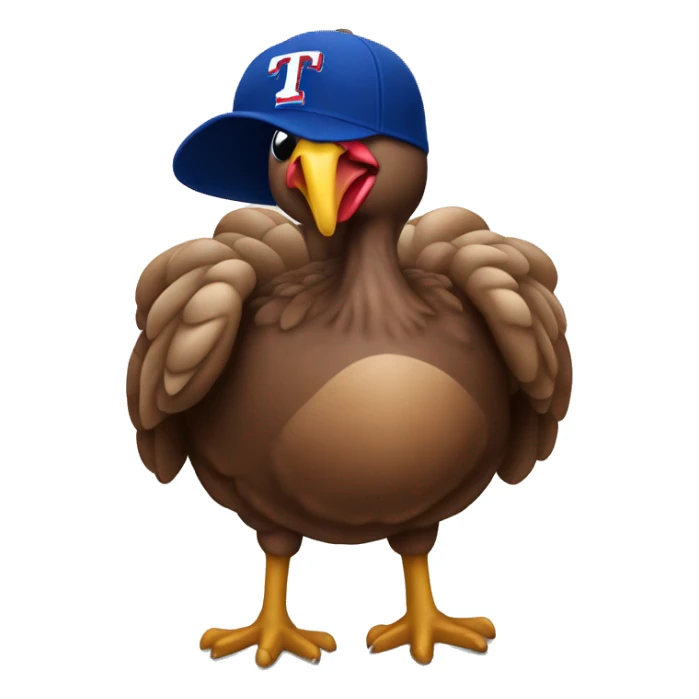 Turkey wearing a texas rangers jersey and baseball cap sticker