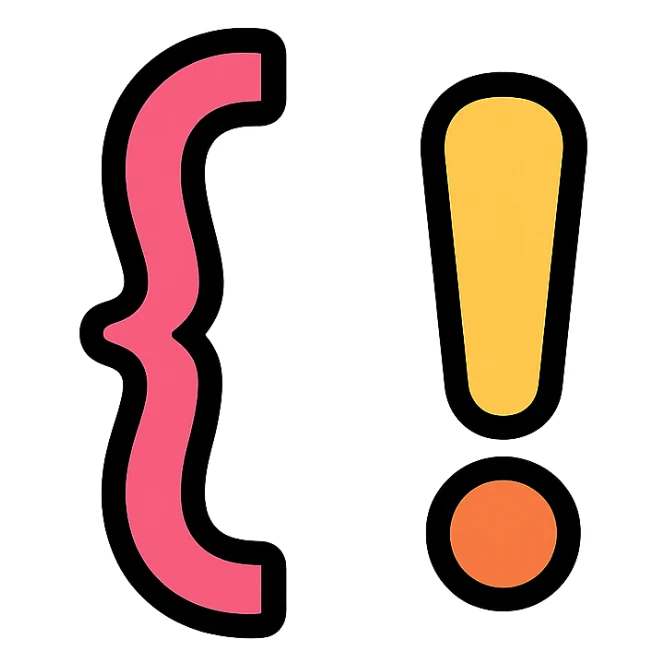curly brace and exclamation mark, lineal color icon with black outlines sticker