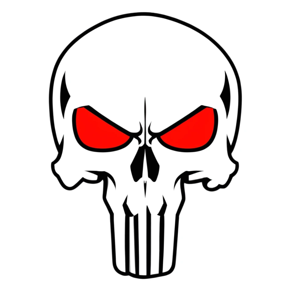 Punisher skull with bright glowing red eyes, menacing sticker