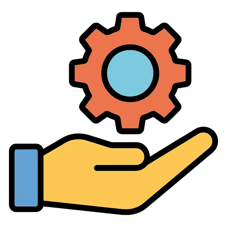 hand holding a cog icon with color and black outlines sticker