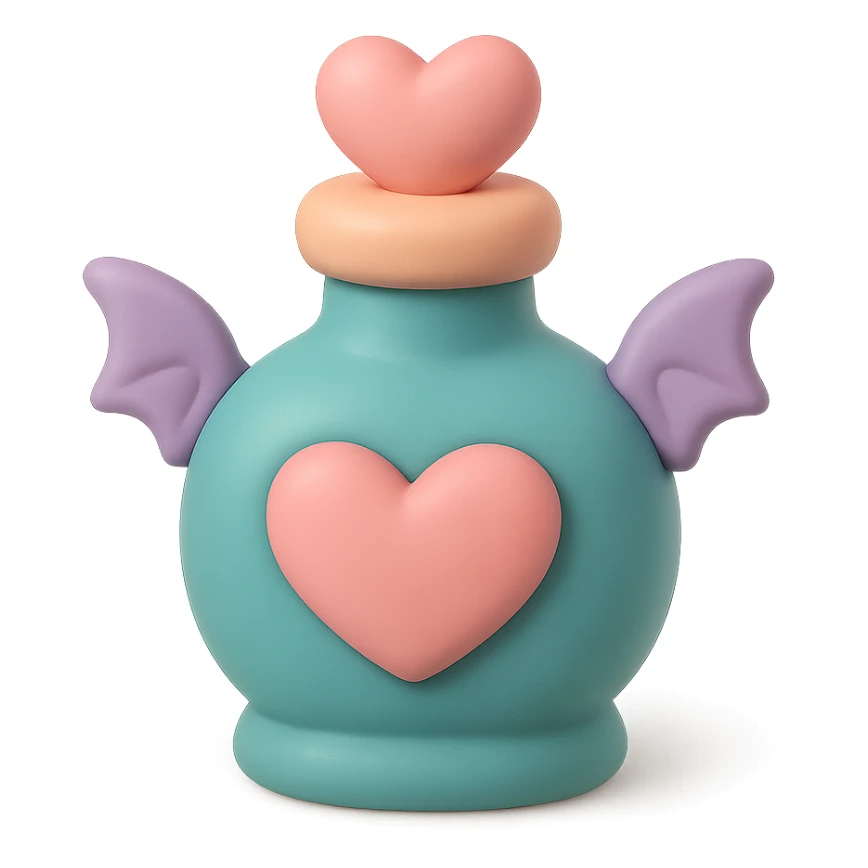 teal goth potion bottle with a heart motif, soft and cute gothic look, mochi style sticker