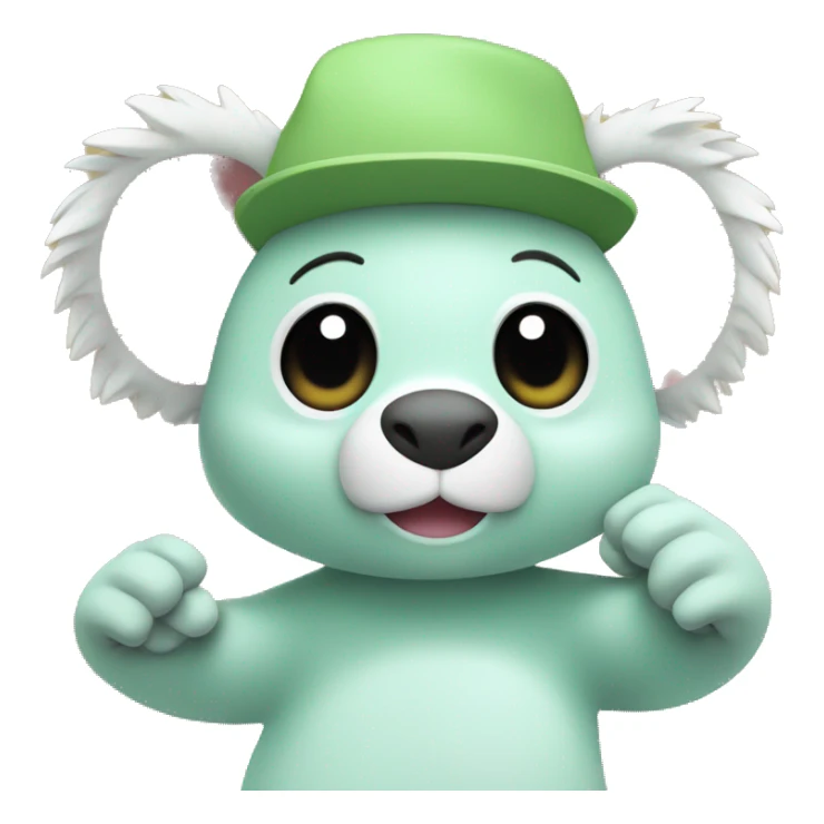 A mint-colored Fall Guys character wearing a beige koala hat on his head waves his hand. sticker