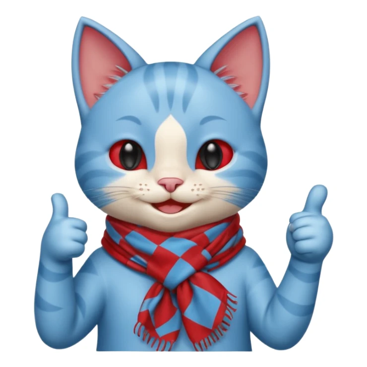 A Baby Blue Cat smiling and giving thumbs up, wearing red Checkered Triangle scarf sticker