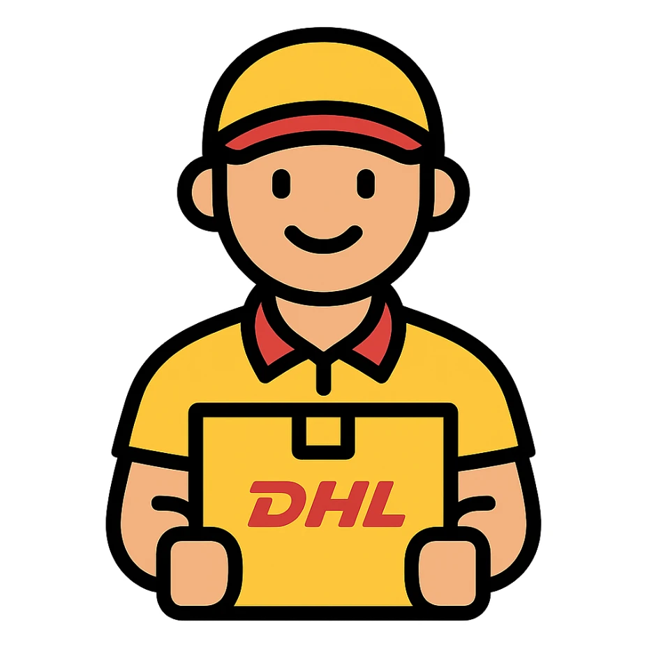 DHL courier with yellow cap and shirt smiling holding a parcel, icon style sticker