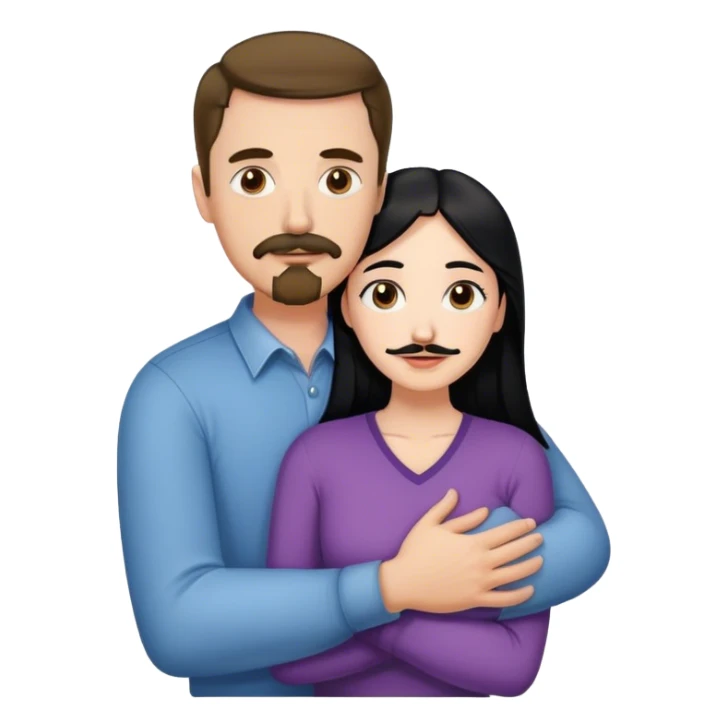 Tall white man with brown mustache and goatee hugging a short pale woman with long black hair sticker