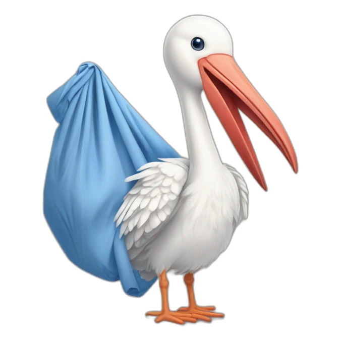 White stork carrying a blue bundle of cloth in its big beak that has a cute human person cute baby boy inside and his head is peeking from the fabric the strok is carrying in its beak sticker