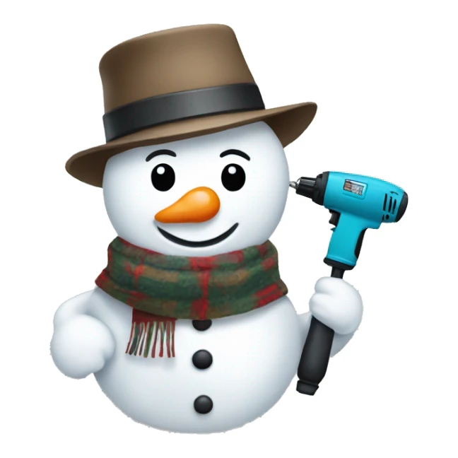 snowman with hat and scarf holding a drill sticker
