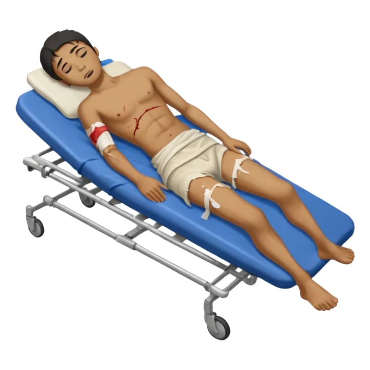 
a man of oriental appearance, dressed in torn clothes, full-length, unconscious, in a prone position, with injuries on a medical stretcher, 1980 sticker