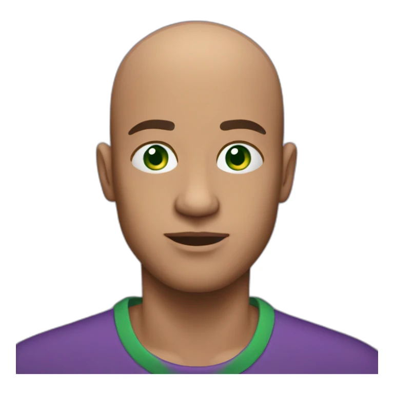 a bald guy with green eyes and purple t-shirt, iphone style sticker