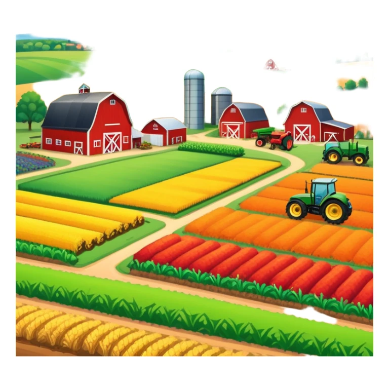 colorful rural landscape, inspired by farming simulators like Farming Simulator 22. The design shows fields, tractors, and barns, with vibrant crops and animals in the background. The peaceful farming scene symbolizes the immersive experience of managing a farm, with a transparent background sticker