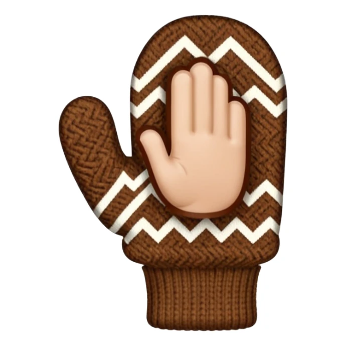 thumbs up fist in brown knit mitten with zig-zag beige pattern, no face sticker