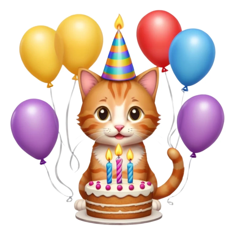Ginger tabby kitten celebrates birthday, birthday hat, birthday cake, one candle, balloons, happy, gifts sticker