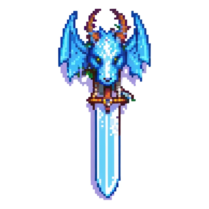 Icy sword shaped like a dragon, pixel art, shimmering snow accents, fantasy RPG weapon sticker