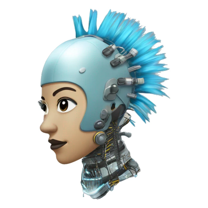 Light blue Mohawk female cyborg head with silver respirator mask and circuits sticker
