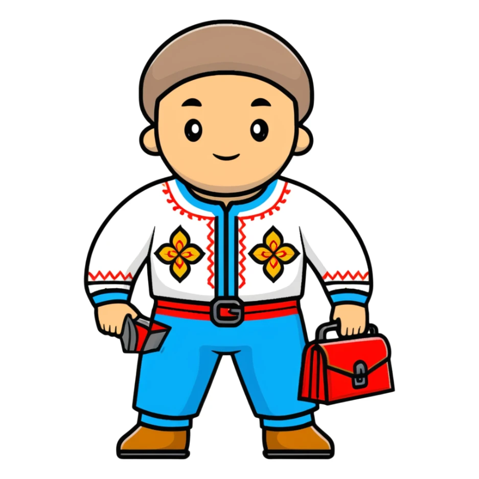 Ukrainian man in traditional embroidered vyshyvanka shirt holding a toolbox sticker