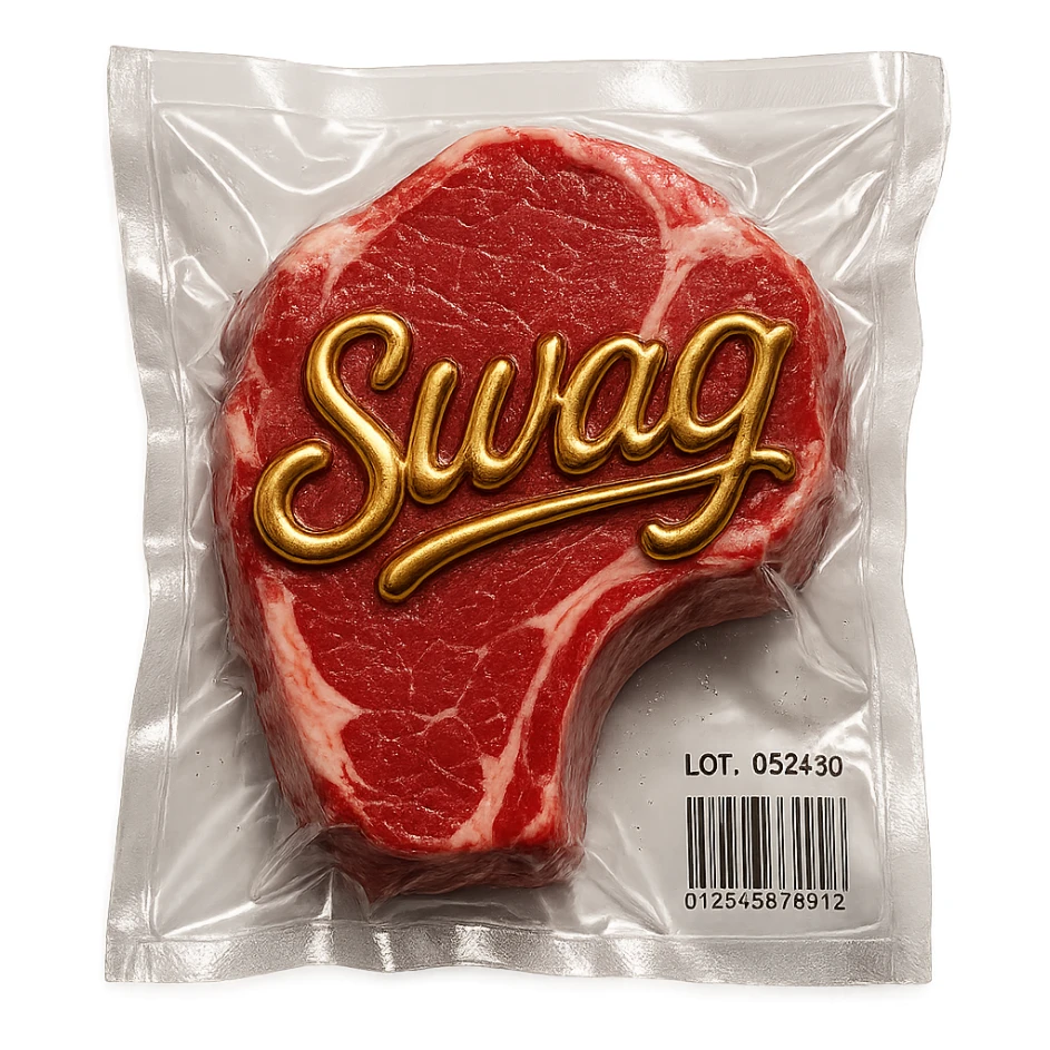 steak with gold cursive 'SWAG' lettering, shiny and inflated sticker