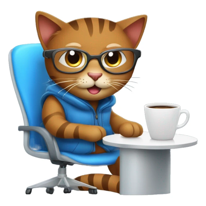 "Create an emoji of a happy brown cat with computer glasses, typing on a blue laptop and taking notes. The cat is sitting on an ergonomic chair with a coffee mug and a potted plant, wearing a winter jacket because the office AC is cold." sticker
