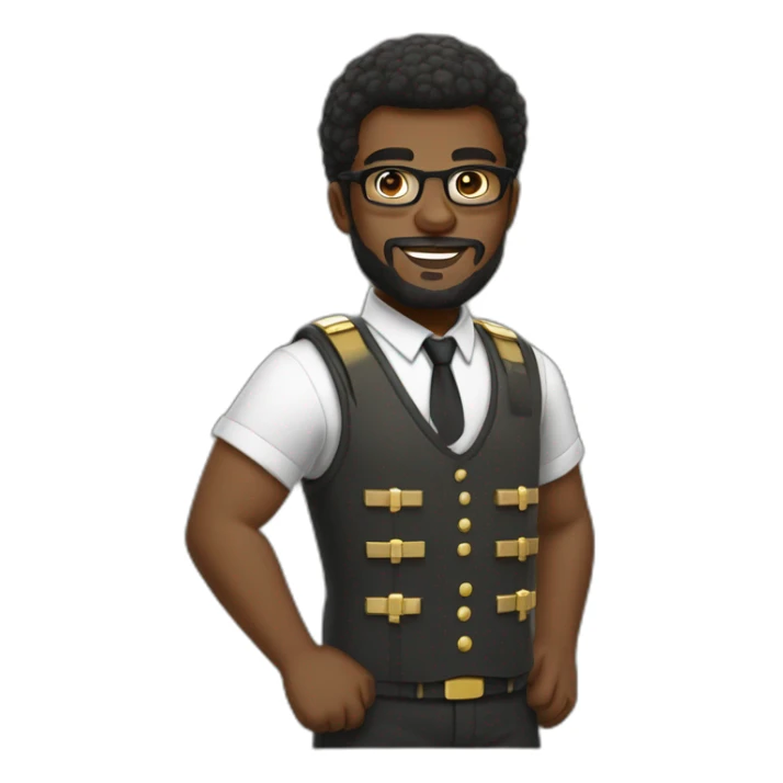 black soldier with beard, part in hair, white collared shirt, bow tie, gold glasses, bulletproof vest  sticker