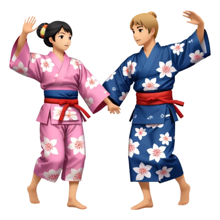 Cinematic Realistic scene of two performers engaging in Bon Odori, dressed in traditional yukata with intricate summer patterns, captured in graceful, rhythmic motion with warm, festive lighting sticker